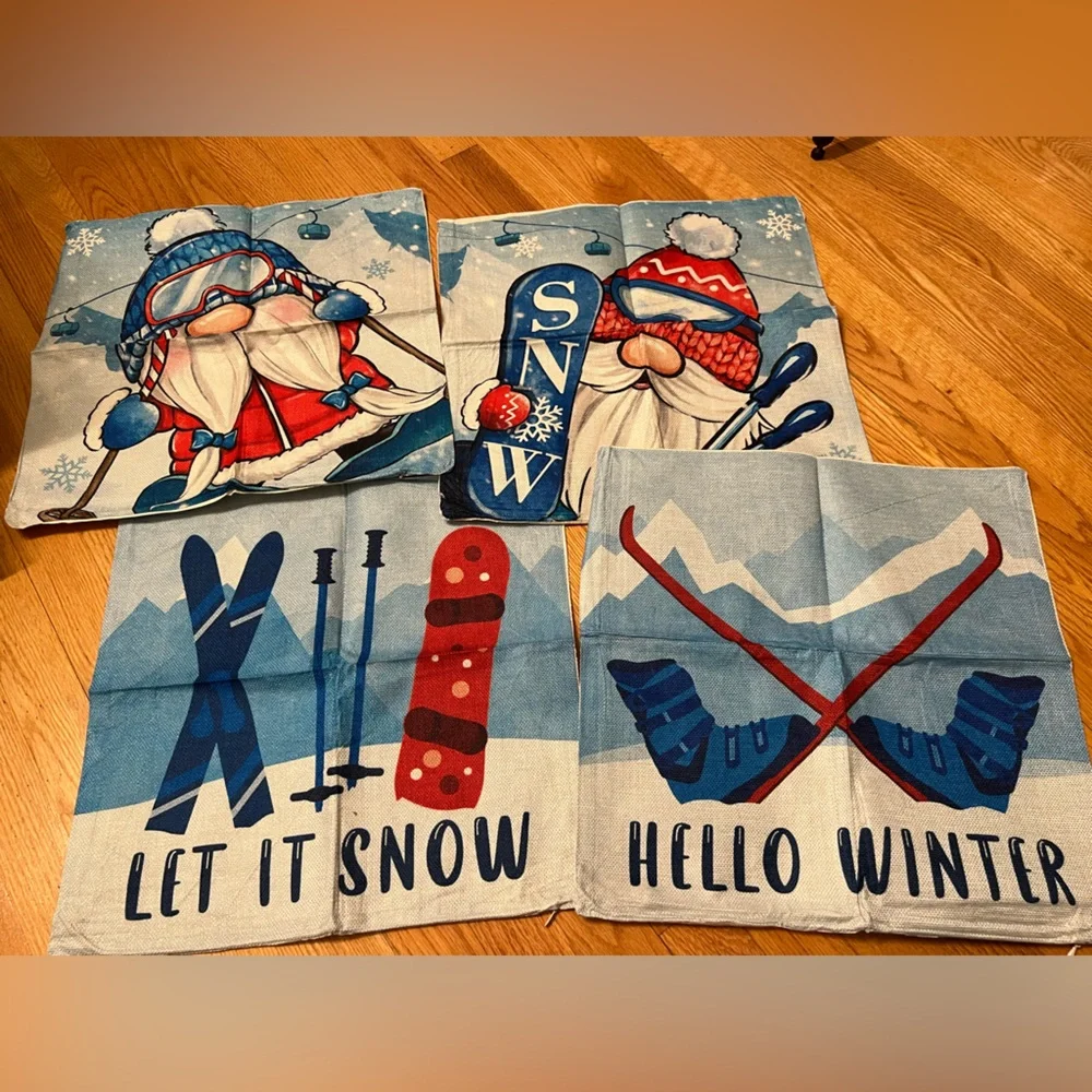 4 Winter Gnome skiing snowboarding Pillow Covers Set